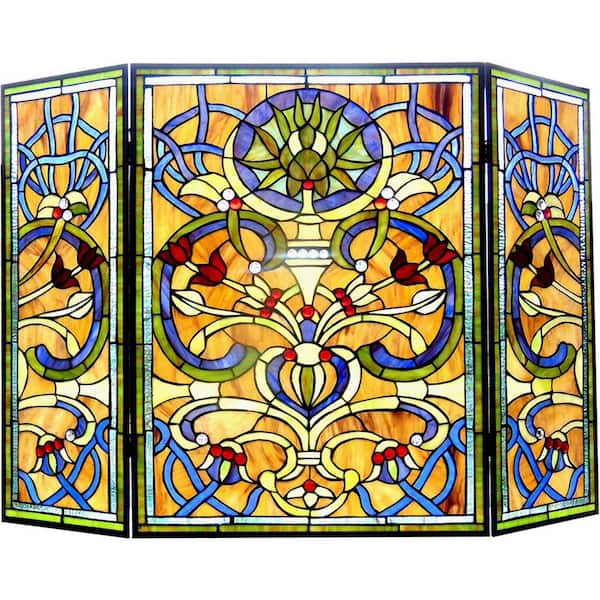 Multi Color Glass 3-Panel 28 in. Folding Fireplace Screen with Doors perfect for creating a warm and inviting ambiance