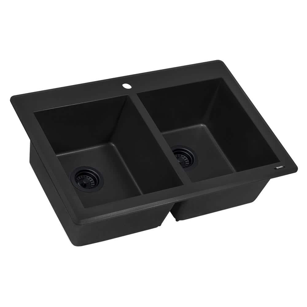 Midnight Black Granite Composite Double Bowl Drop-In Sink