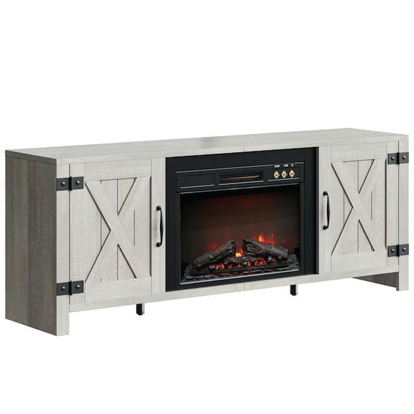 Bestier Farmhouse 63 in. Freestanding Electric Fireplace TV Stand Fits TVs up to 70 in. with Storage Cabinet in White Wash