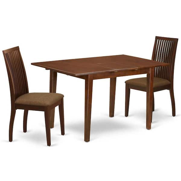 East West Furniture 3-Piece Mahogany Finish Rectangular Solid Wood Top With Butterfly Leaf Dining Table Set