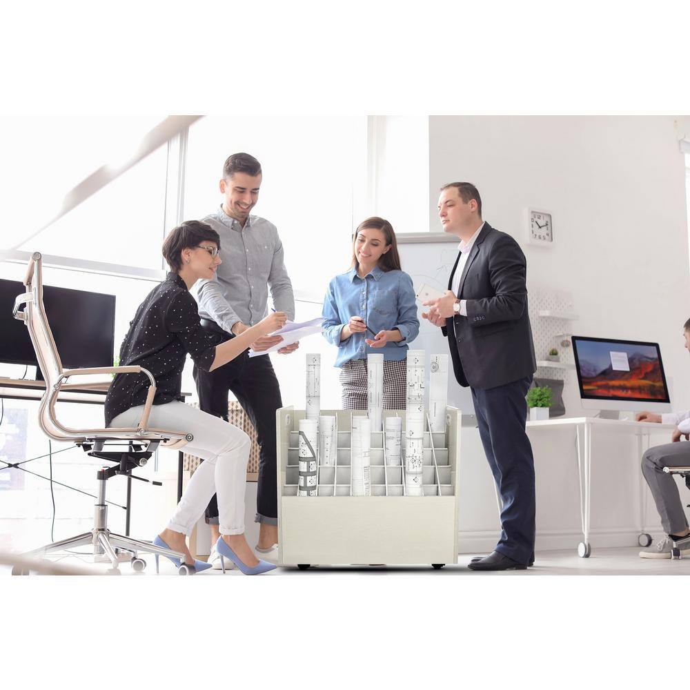 White Mobile Particle Board Roll File Storage Organizer with 50 Compartments