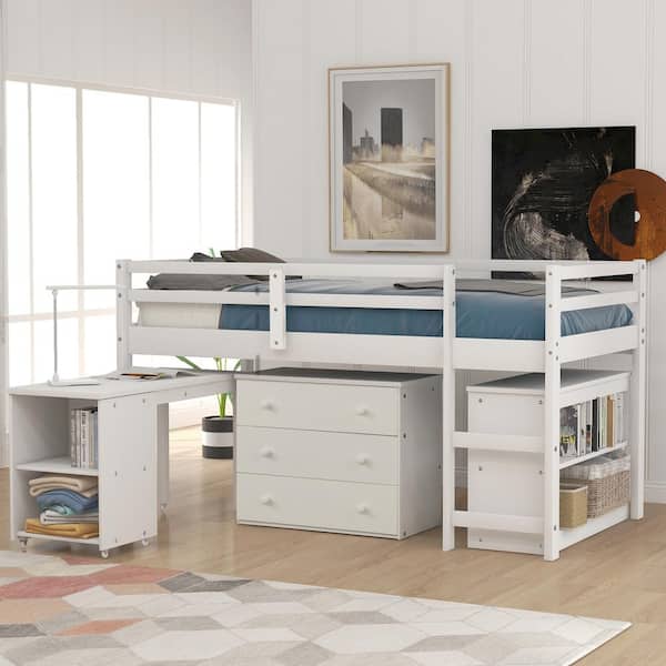 GOJANE White Twin Low Study Loft Bed with Cabinet and Rolling Portable ...