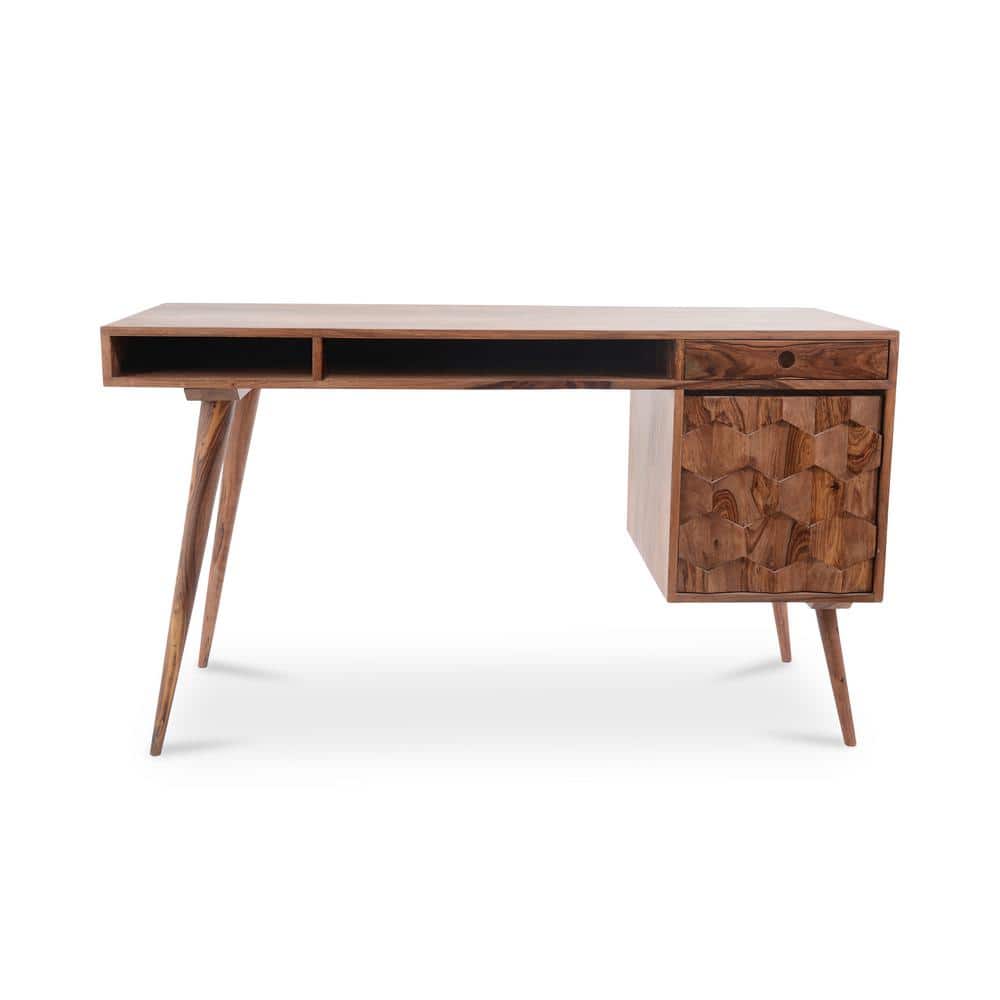 Oxygen 53.5 in. Rectangular Natural Solid Sheesham Desk with 2-Drawer Storage and Open Organizer
