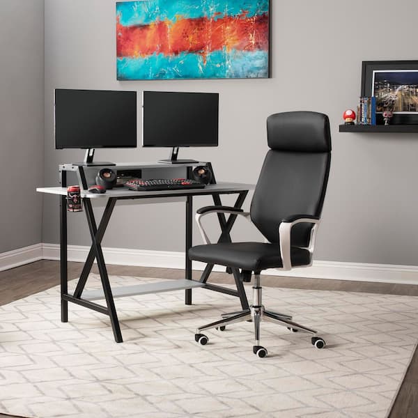 High Back, Polyurethane Height and Tilt Adjustable, Modern Executive Swivel Chair with Padded Arms in White/Black