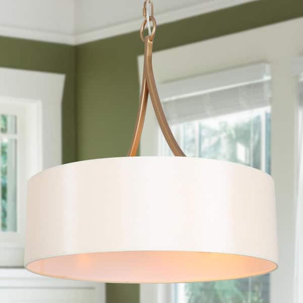 3-Light Modern Dark Gold Pendant Light, Farmhouse Chandelier with Drum Fabric Shade, White Island Pendant Hanging Light