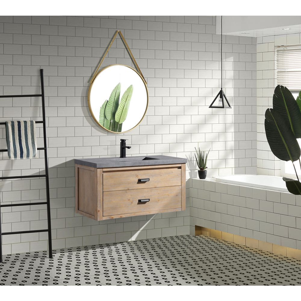 Kane 36" Weathered Fir Floating Bathroom Vanity with Cement Countertop