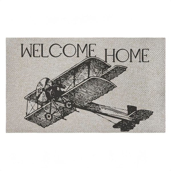 Welcome Home Vintage Airplane Brown 18 in. x 30 in. Polyester Non-Slip Outdoor Door Mat