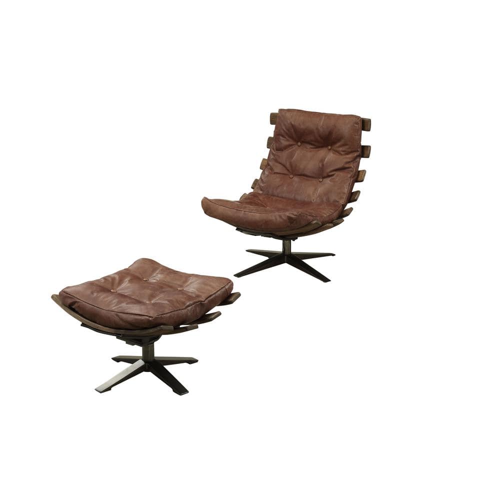 Retro Brown Top Grain Leather Recliner with Ottoman