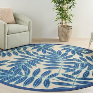 Aloha Navy 8 ft. x 8 ft. Round Floral Contemporary Indoor/Outdoor Patio Area Rug