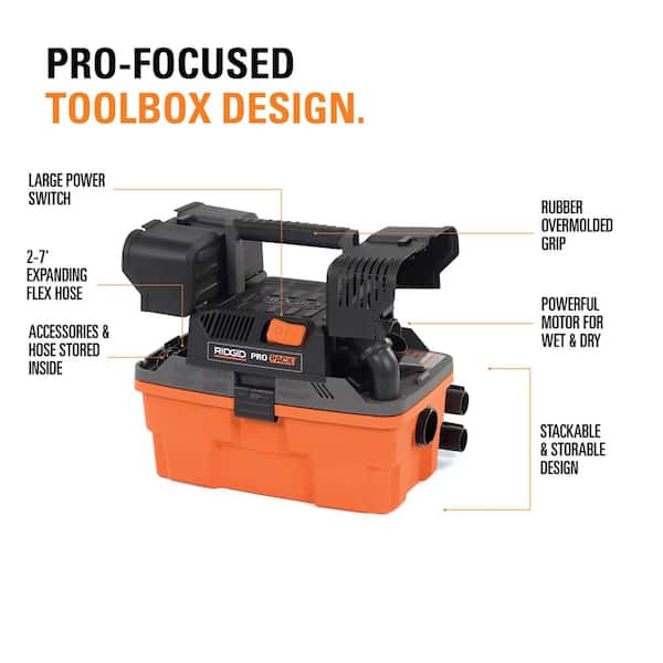 RIDGID - 4.5 Gallon 5.0 Peak HP ProPack Shop Vacuum Wet Dry Vac with Fine Dust Filter, Expandable Locking Hose and Accessories