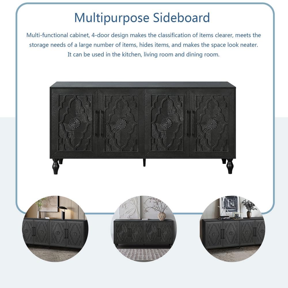 Black 63" MDF Sideboard with Carved Flower Doors and Metal Handles