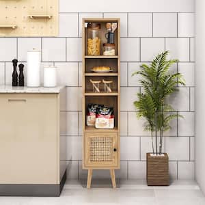 Natural Rattan Storage Cabinet Freestanding Slim Organizer Wood Display Rack Living Room