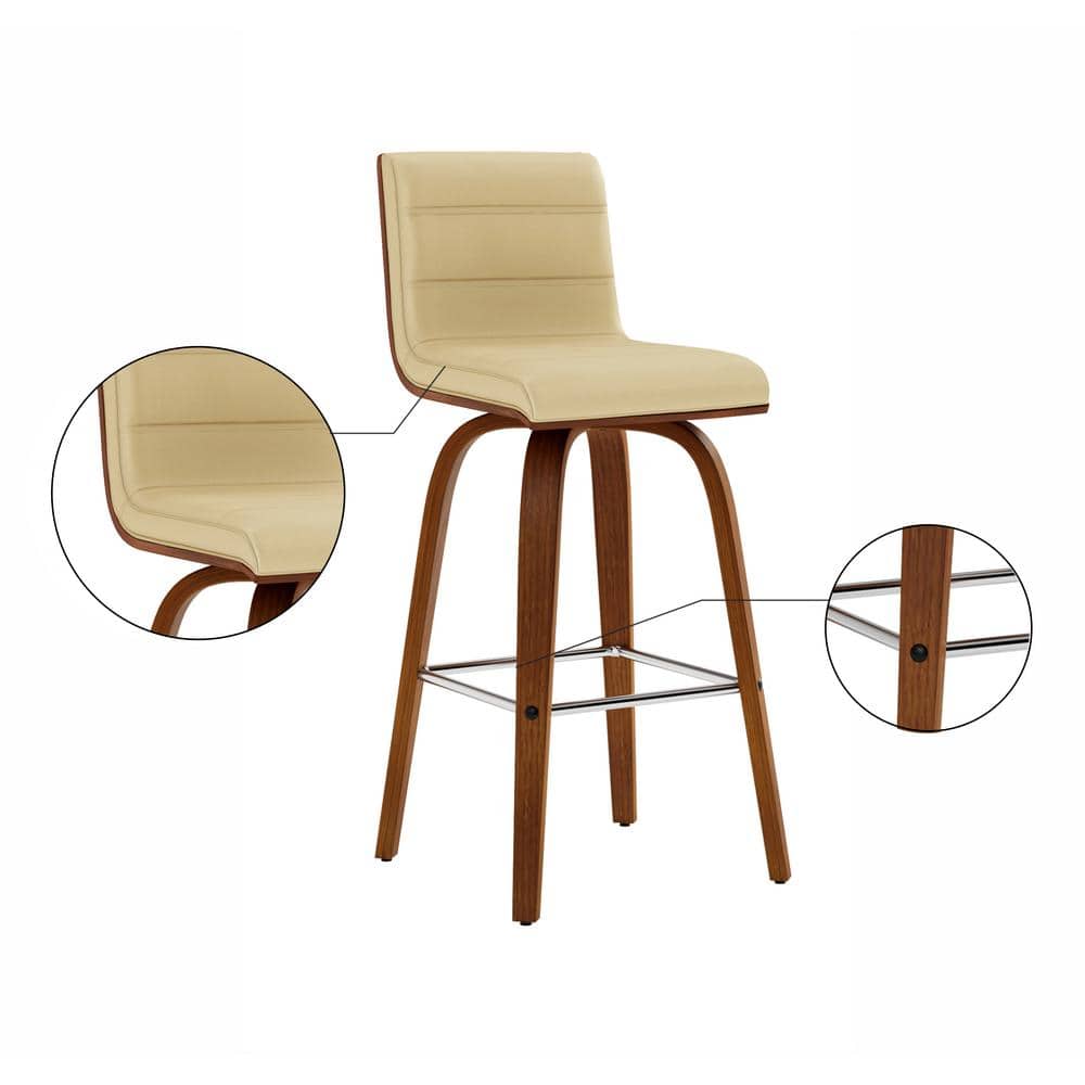26" Cream Faux Leather and Walnut Wood Swivel Bar Stool