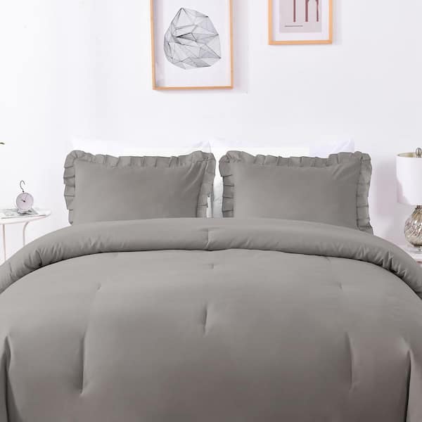 Shatex Shatex Ruffled Bed-in-A-Bag, Gray 7-Piece King All Season Ultra Soft Polyester Bed King Comforter Set with Ruffles