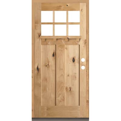 36 in. x 80 in. Craftsman 2 Panel 6-Lite w/Dentil Shelf Clear Low-E Left-Hand Unfinished Wood Alder Prehung Front Door