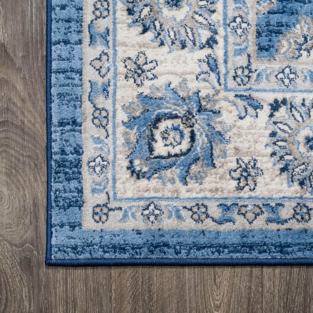 Elegant Vintage Floral 5' Square Blue and Cream Synthetic Area Rug