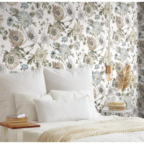 Vintage White Poppy Matte Finish Peel and Stick Vinyl Wallpaper