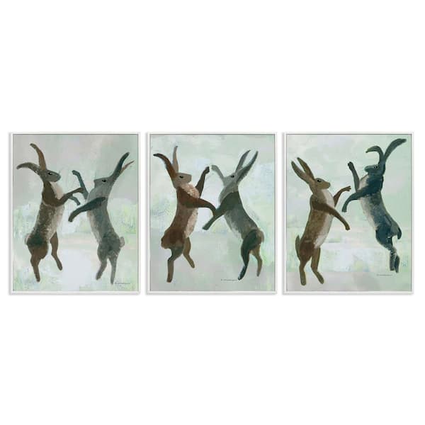 Battling Hares in Neutral Tones by Kay Widdowson 3 Piece White Framed Animal Giclee Art Print 30 in. x 24 in.
