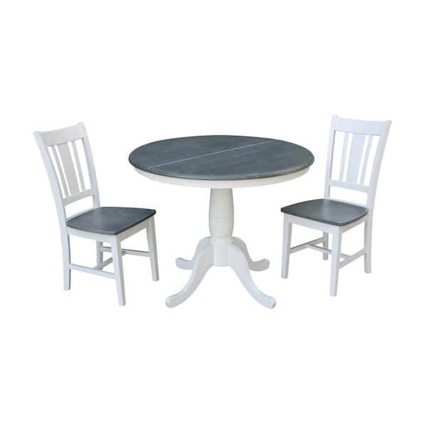 International Concepts Laurel 3-Piece 36 in. White/Heather Gray Extendable Solid Wood Dining Set with San Remo Chairs