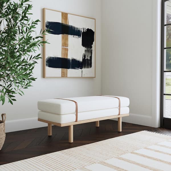 Homepop Cream Boucle 46 in. Bedroom Bench without Back with Wood Base