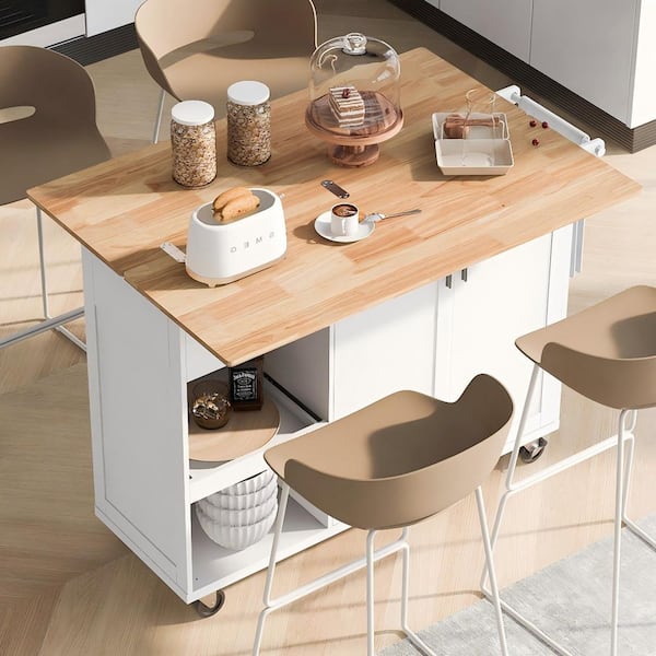 White Rubber Wood Top 49.02 in. Kitchen Island with Foldable Counter Top, Slide-Out Shelf and Drawer