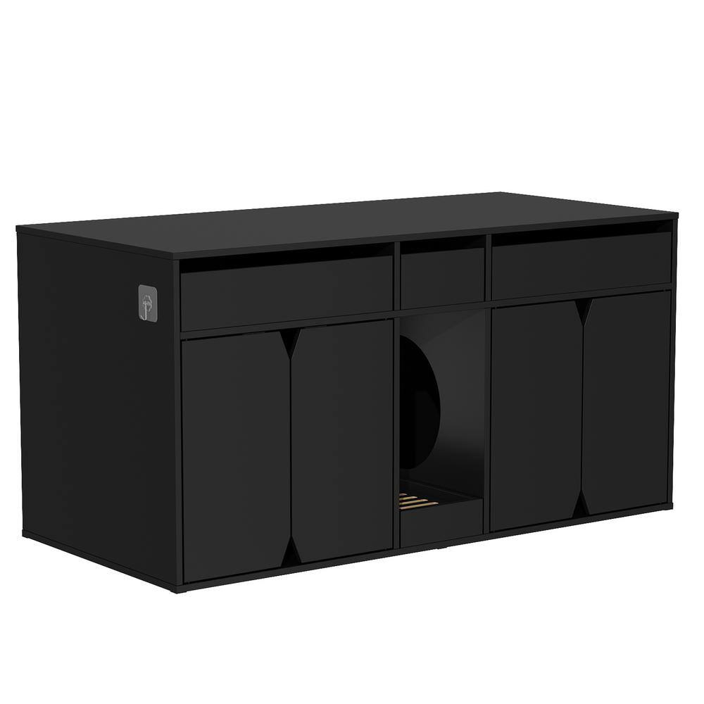 WIAWG Black Double Hidden Litter Box Furniture with 4 Doors and Litter