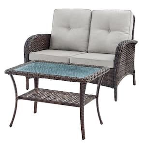 2-Piece Brown Wicker Outdoor Loveseat Set Patio Rattan Loveseat with Beige Cushions and Coffee Table