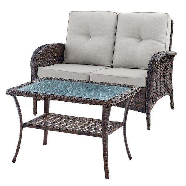 Pocassy 2-Piece Brown Wicker Outdoor Loveseat Set Patio Rattan Loveseat with Beige Cushions and Coffee Table