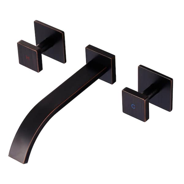 Solid Brass Double Handle Wall Mounted Waterfall Bathroom Faucet in Oil Rubbed Bronze