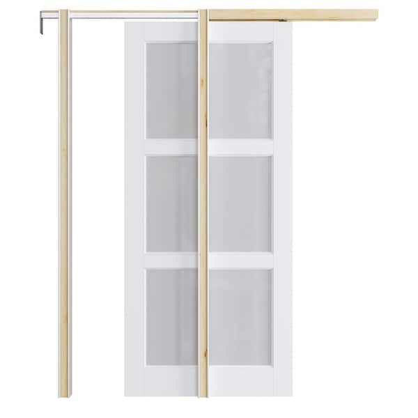ARK DESIGN 36 in. x 80 in. 3-Lite Frosted Glass Primed Door with Solid Core Pine Pocket Door Frame and Hardware Kit