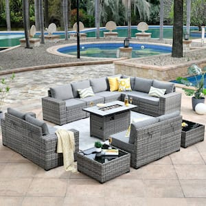 Tahoe Grey 13-Piece Wicker Wide Arm Outdoor Patio Conversation Sofa Set with a Fire Pit and Grey Cushions