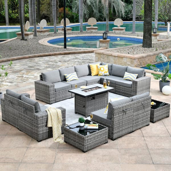 HOOOWOOO Tahoe Grey 13-Piece Wicker Wide Arm Outdoor Patio Conversation Sofa Set with a Fire Pit and Grey Cushions