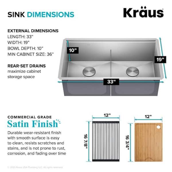 Kraus Handmade 33-in x 19-in Stainless Steel Double Equal Bowl Undermount Commercial/Residential Kitchen Sink Kraus Handmade 33-in x 19-in Stainless Steel Double Equal Bowl Undermount Commercial/Residential Kitchen Sink