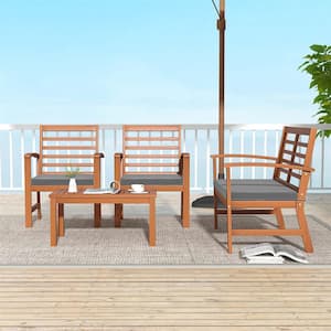 4-Piece Wicker Patio Conversation Set with Grey Cushions and Stable Acacia Wood Frame