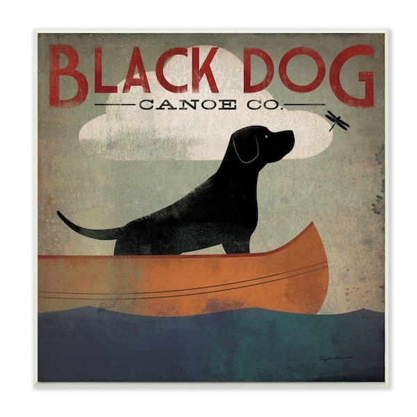 Stupell Industries "Black Dog Canoe Company Pet Boating Lake Sports" by Ryan Fowler Unframed Animal Wood Wall Art Print 12 in. x 12 in.