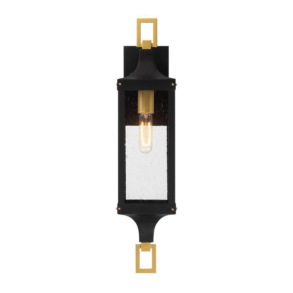 Matte Black and Brass Outdoor Lantern Sconce with Seeded Glass