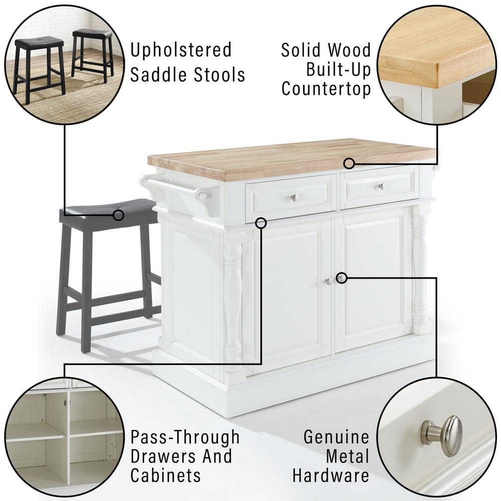Oxford Solid Wood White Kitchen Island with Butcher Block and Saddle Stools