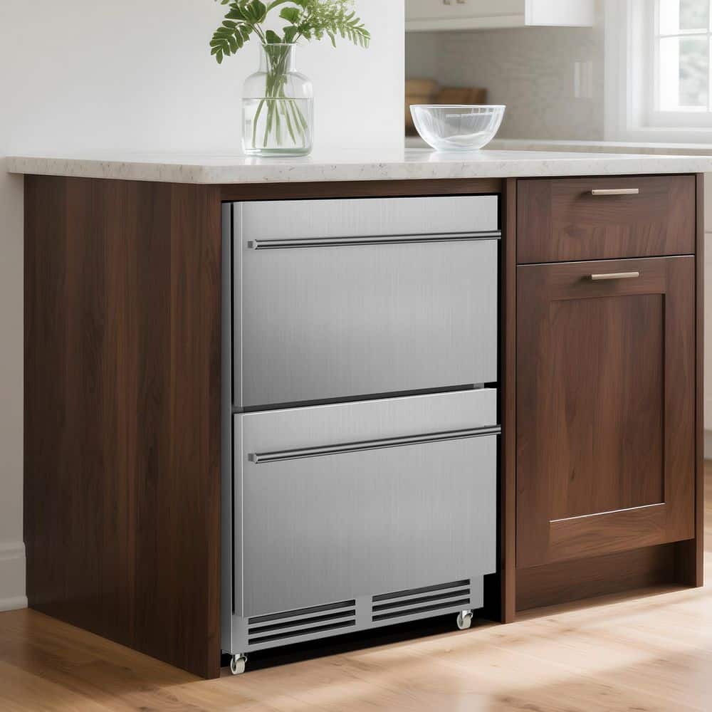 24 in. 220-Can Single Zone 2-Drawer Outdoor Beverage Refrigerator with Dual Swivel Casters for Easy Movement in Silver