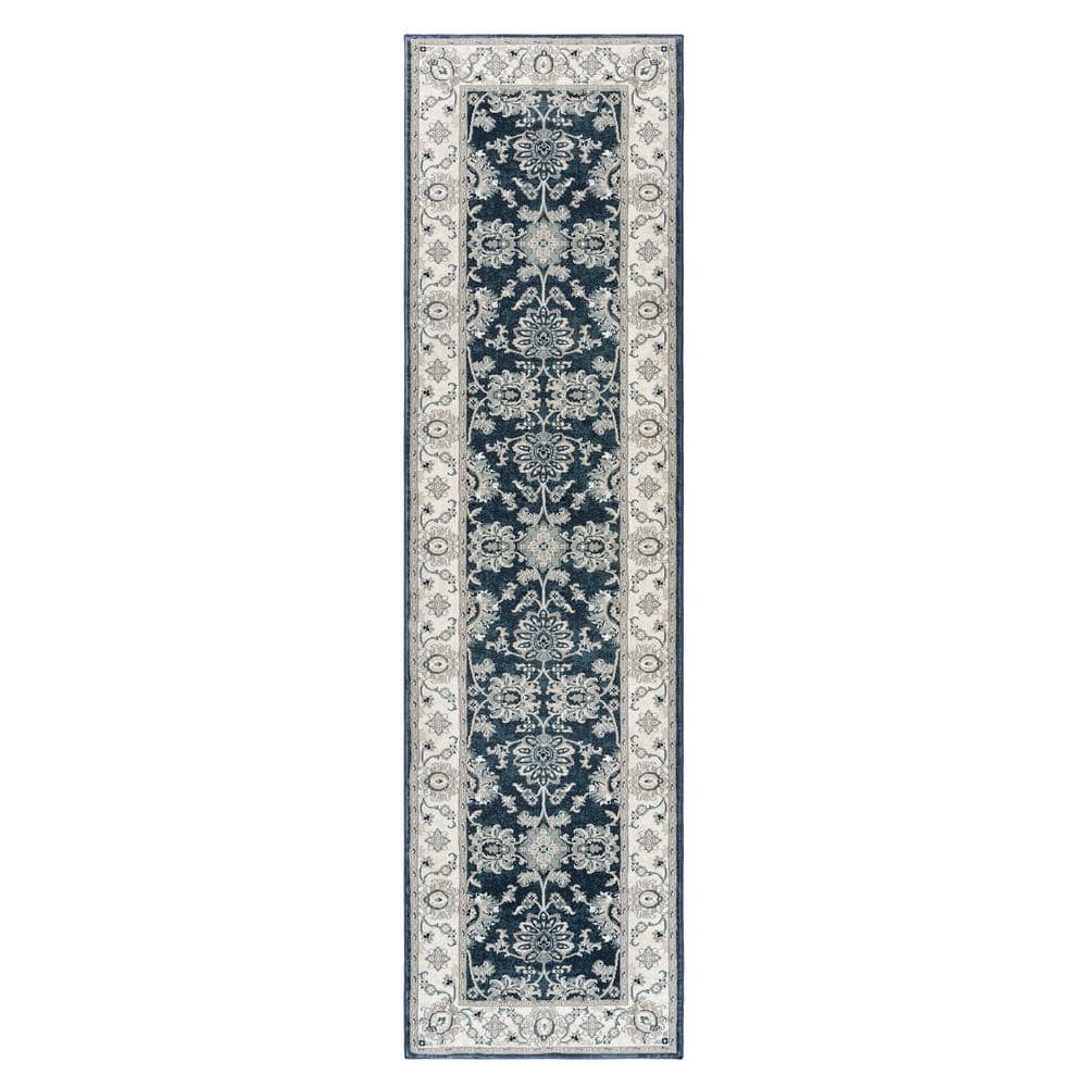 Navy Blue and Ivory Floral Border Runner Rug, 2'2" x 8'