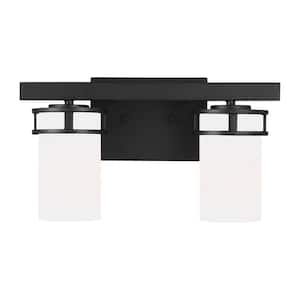 Robie 14 in. 2-Light Matte Black Transitional Rustic Wall Bathroom Vanity Light with Etched White Glass Shades