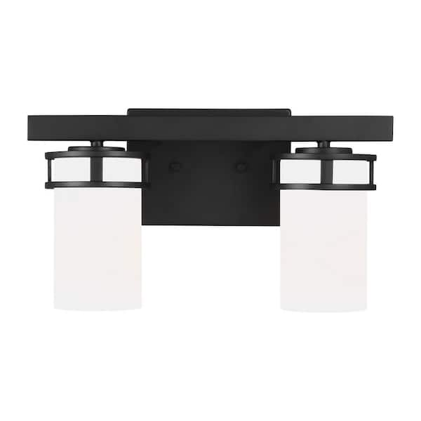 Robie 14 in. 2-Light Matte Black Transitional Rustic Wall Bathroom Vanity Light with Etched White Glass Shades