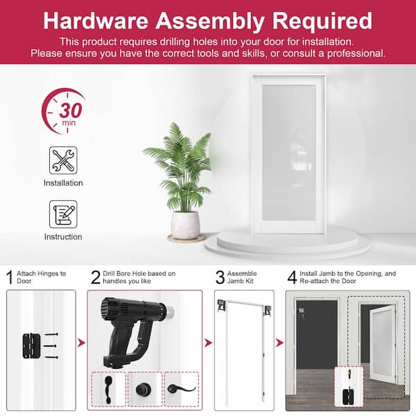 36 in. x 80 in. 1-Lite Clear Glass Left-Hand White Solid Core Wood Single Prehung Interior Door+ Quick Assemble Jamb