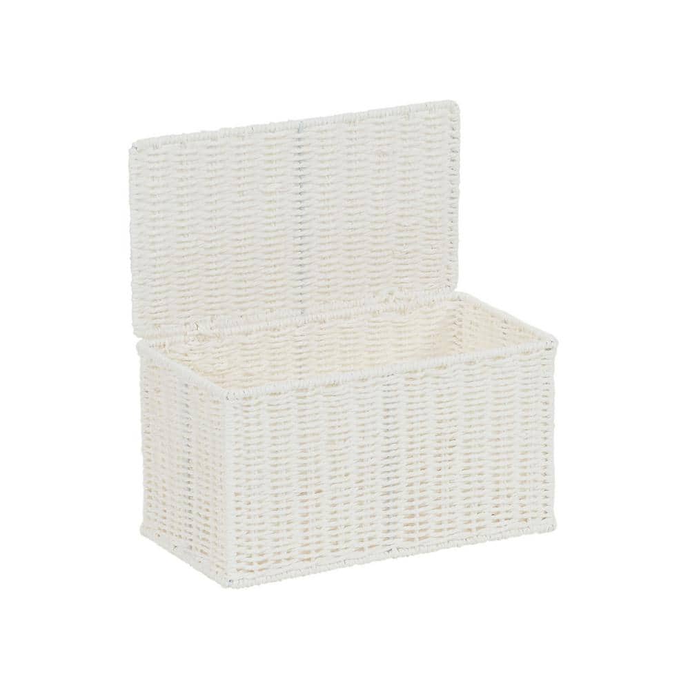 Compact White Paper Rope Wicker Storage Basket with Lid
