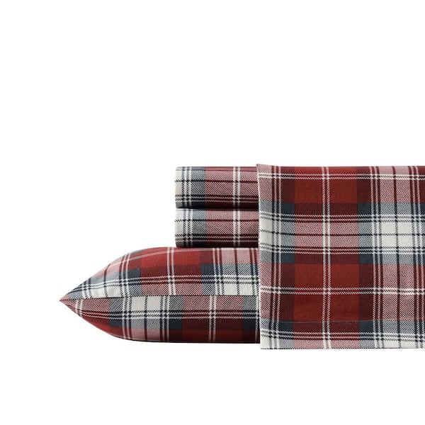 Heartland Plaid 3-Piece Red/Charcoal Grey Flannel Cotton Twin Sheet Set