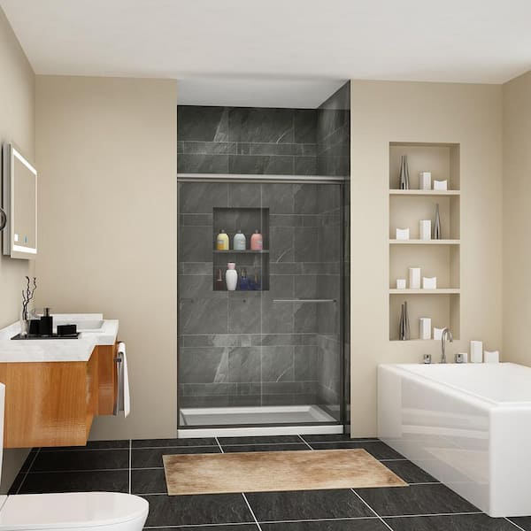 ANGELES HOME 48 in. W x 72 in. H Sliding Semi-Frameless Shower Door in Brushed Nickel Finish with Clear Glass