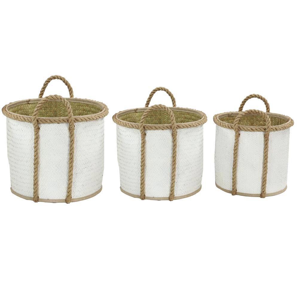 White and Beige Seagrass Round Storage Basket Set