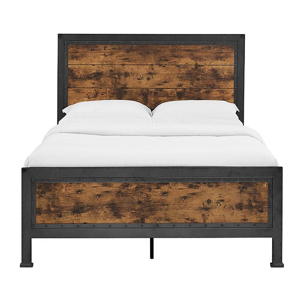 Rustic Industrial Queen Bed with Wood Headboard and Nailhead Trim