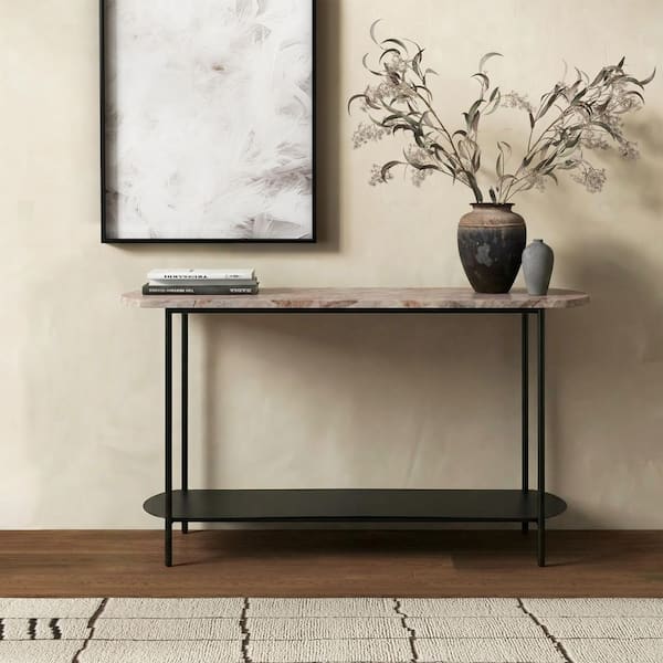 Macklyn 15.7 in. Light Brown/Black Rectangle Marble Console Table