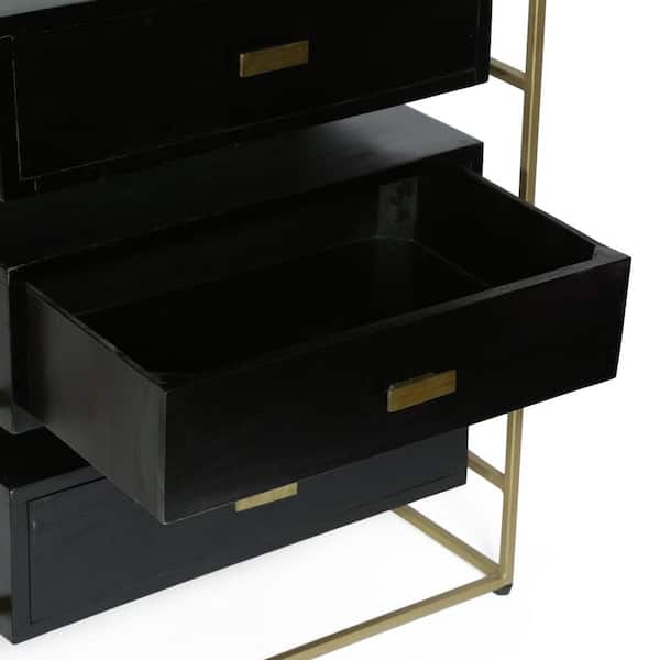 Noble House Finley Glass Top Handcrafted 3 Drawer Nightstand Black and Brass