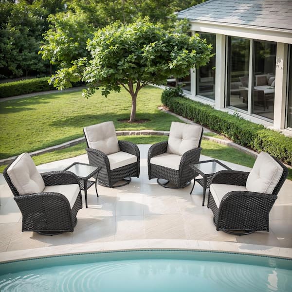 Black 6-Piece Wicker Outdoor Swivel Rockers Patio Conversation Set with Beige Cushions and Side Tables